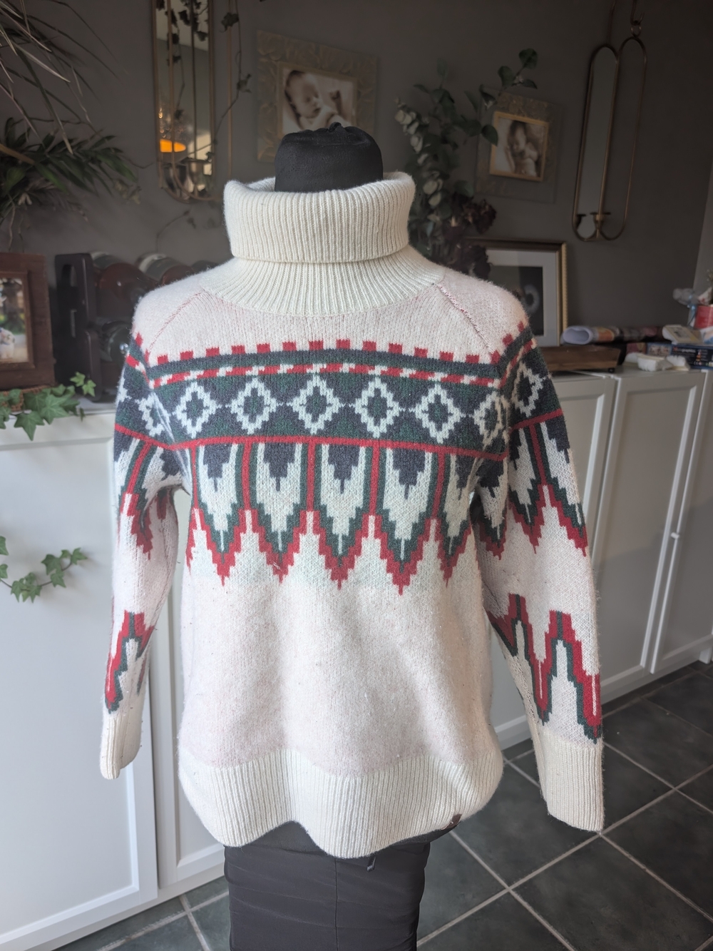 Roots Cream Wool Cashmere Turtleneck Sweater with Red, Blue & Green Fair Isle